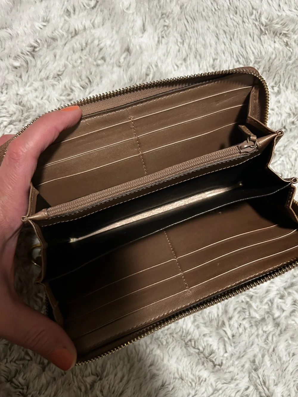 Gucci Continental Brown Monogram Zip Wallet with Metalic gold trimming